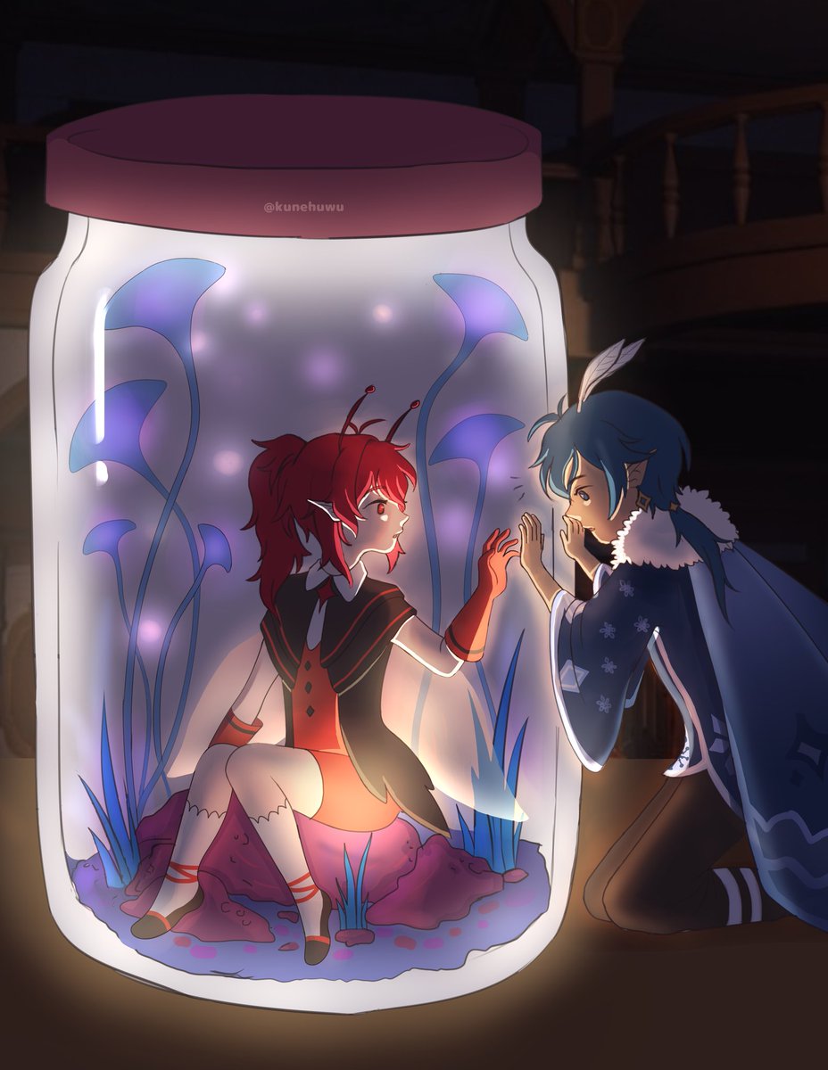 kunehuwu's tweet photo. Happy Holidays to @onion_47 I'm not sure if this is fluffy enough but I hope you like it ^^ 

"Moth Kaeya and Firefly Diluc AU"

Thank you so much to @KaelucXmas for hosting this event it was definitely fun 💕

#kaelucxmasexchange2021 #kaeluc #sfw https://t.co/G7xCFOr77h
