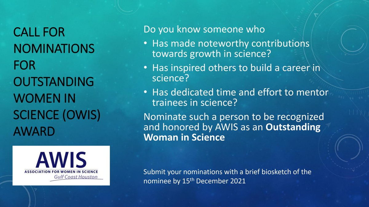 Call for Nominations for AWIS-GCH Outstanding Women in Science (OWIS) Award. Celebrate Women in Science as you celebrate Holiday season !! Please submit your nominations by Dec 15th to
tinyurl.com/5n8s8w4u
#awis #awisgch #womeninstem #owis #outstandingwomeninscience