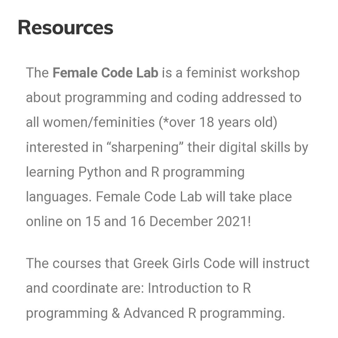 GreekGirlsCode's tweet photo. 📚 Introducing: Resources! 

The Female Code Lab is taking place online on the 15th and 16th December 2021! 

The courses that Greek Girls Code will instruct/coordinate are: Introduction to R &amp; Advanced R programming.

Access our Course Material here:
https://t.co/VtYTCJwlIP https://t.co/kQ5Eq39oA4