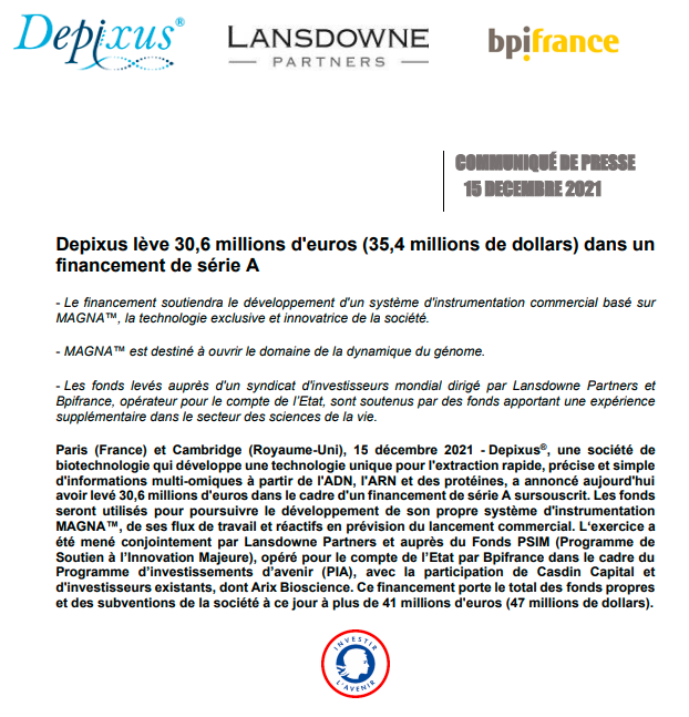 BpifrancePresse's tweet photo. .@Depixus lève 30,6 millions d'euros (35,4 millions de dollars) dans un financement de série A

👉 https://t.co/6z529lOUuc https://t.co/t6Wf8Mrie5