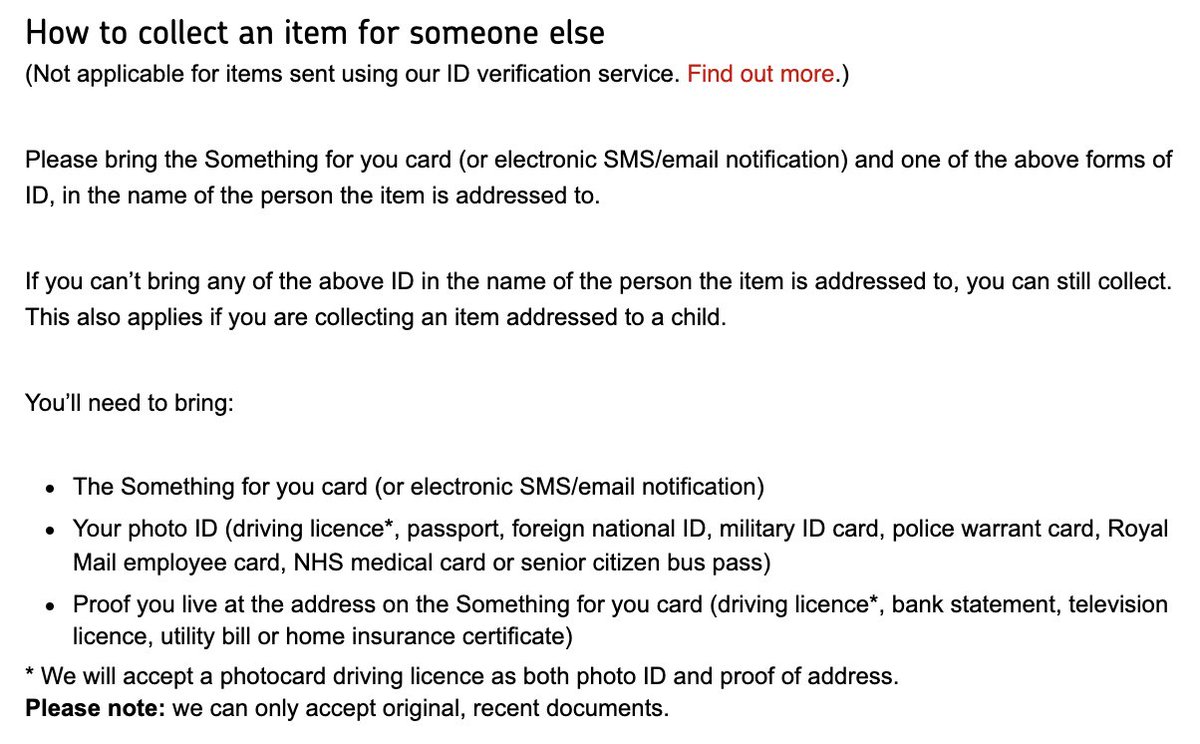 ZoePublisher's tweet photo. @RoyalMailHelp Why does your website say that you can collect an item for someone else with the SFY card &amp; driving licence but then your staff refuse? I could prove that @FinShakespeare &amp; I live at the same address (both names on all bills) but turned away? https://t.co/2TXCJndcO9