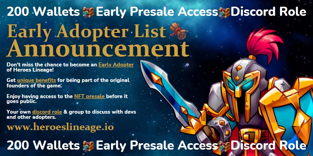 🔔 EARLY ADOPTER ANNOUNCEMENT 🔔

Win your spot out of 200 wallets!

BENEFITS
 - Early Access before presale!
 - Exclusive Discord Role
 - Direct Access to the whitelist!!!

ENDS 15th Jan at midnight UTC

giv.gg/heroes-lineage

#nft #P2E #play2earn #BNB