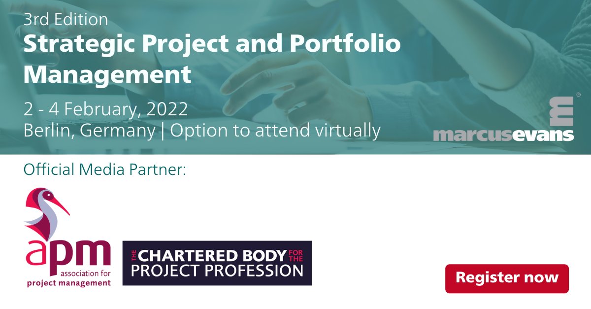 marcusevans's tweet image. Glad to announce that @APMProjectMgmt will be joining us as a supporting association at our upcoming 3rd Edition #StrategicProject and #PortfolioManagement conference held in Berlin, Germany and virtually on 2-4 February, 2022. Register now: bit.ly/31Zjuim #PM #PPM #pmo