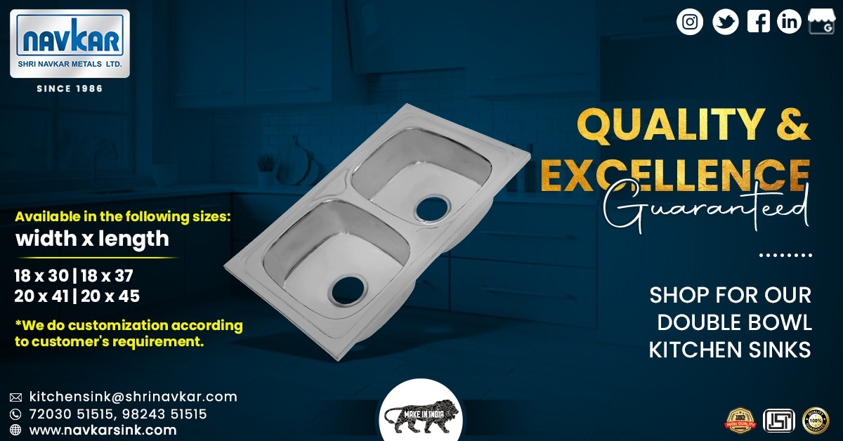 Designed with keeping hygiene and durability in mind, our double bowl kitchen sinks guarantee perfection. 
Get in touch with us today.
Contact No. 7203051515
Email Id: kitchensink@shrinavkar.com