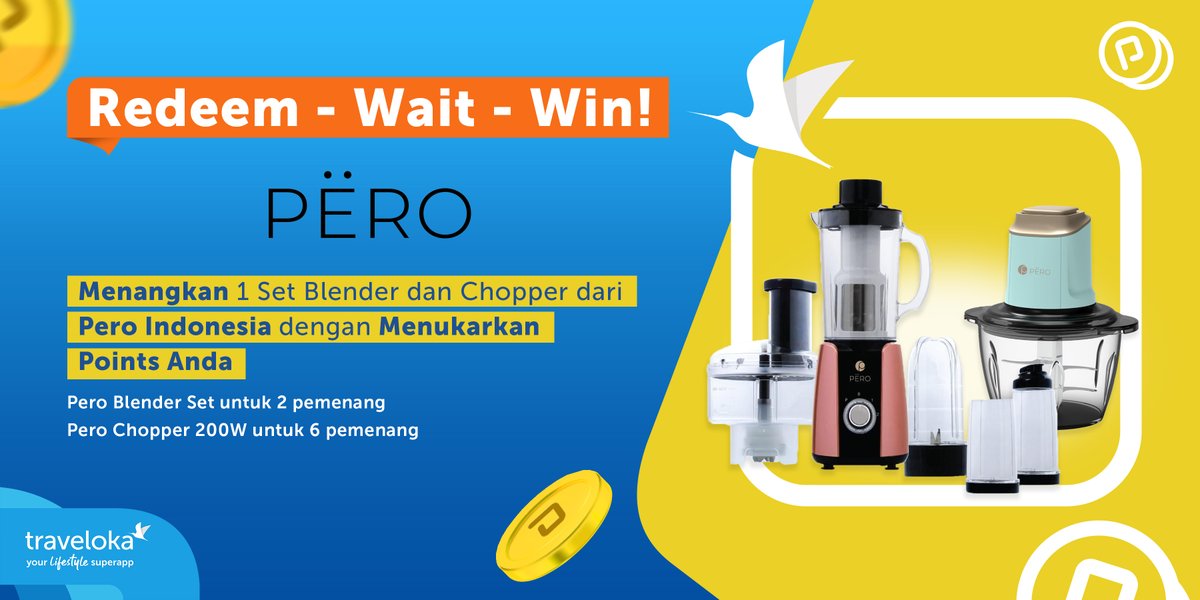 traveloka's tweet photo. Buat kamu-kamu yang udah ngidam Blender dan Chopper baru dari lama, sini aku bantu kamu buat dapetin secara GRATIS! Redeem Traveloka Points kamu dan dapetin kesempatan menangin Blender dan Chopper dari Pero Indonesia! di https://t.co/FWfo4JPAM0 https://t.co/GAOF3da4KN