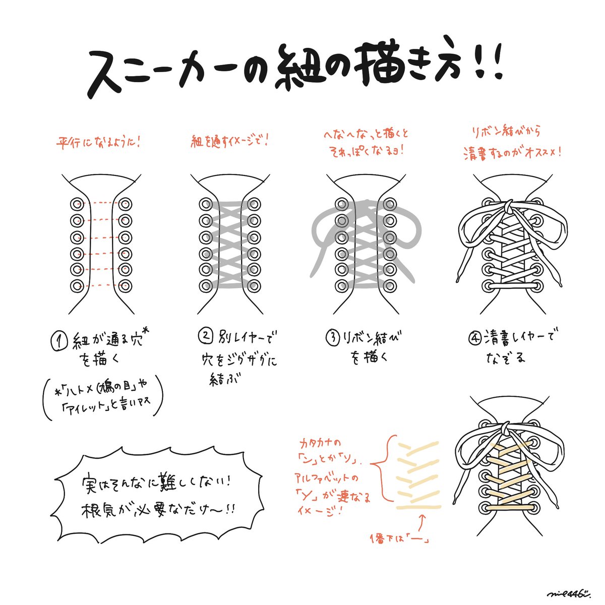 紐靴の紐の描き方～
複雑だから描くのめんどくさいけど、構造がわかれば難しくないはず!
#靴の描き方tips 