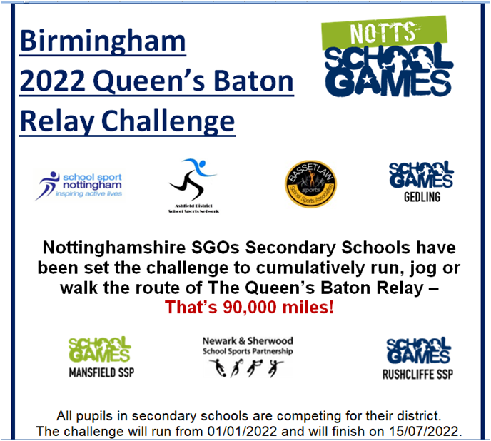 Starting on 1st January 2022. Pupils from secondary schools across Nottinghamshire will compete for their district aiming to cumulatively run, jog or walk 90,000 miles, the distance of the Queen's Baton Relay. Which district will come out on top? #CommonwealthGames2022
