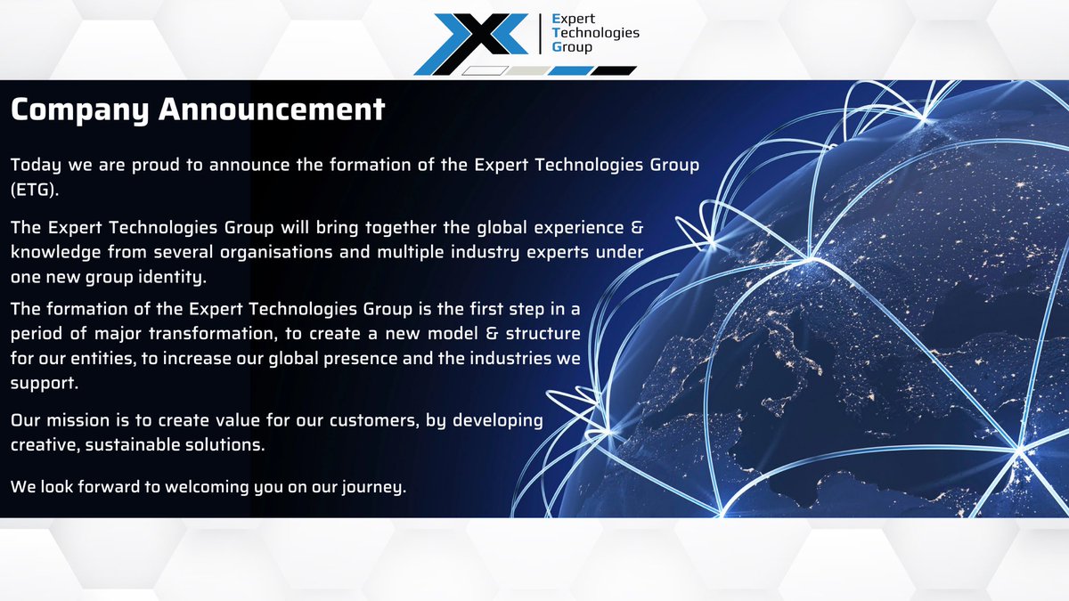 experttechgroup's tweet photo. We are proud to announce the formation of the Expert Technologies Group (ETG).  

Follow us to be the first to see our new website launching next year! 

#excitingnews #automation #technologynews https://t.co/vh1gHWYeHO