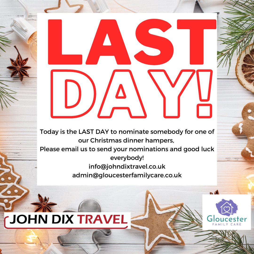 Today is the last day you can nominate a family or household to receive one of our Christmas dinner hampers! Please email admin@gloucesterfamilycare.co.uk to nominate! Good luck!
