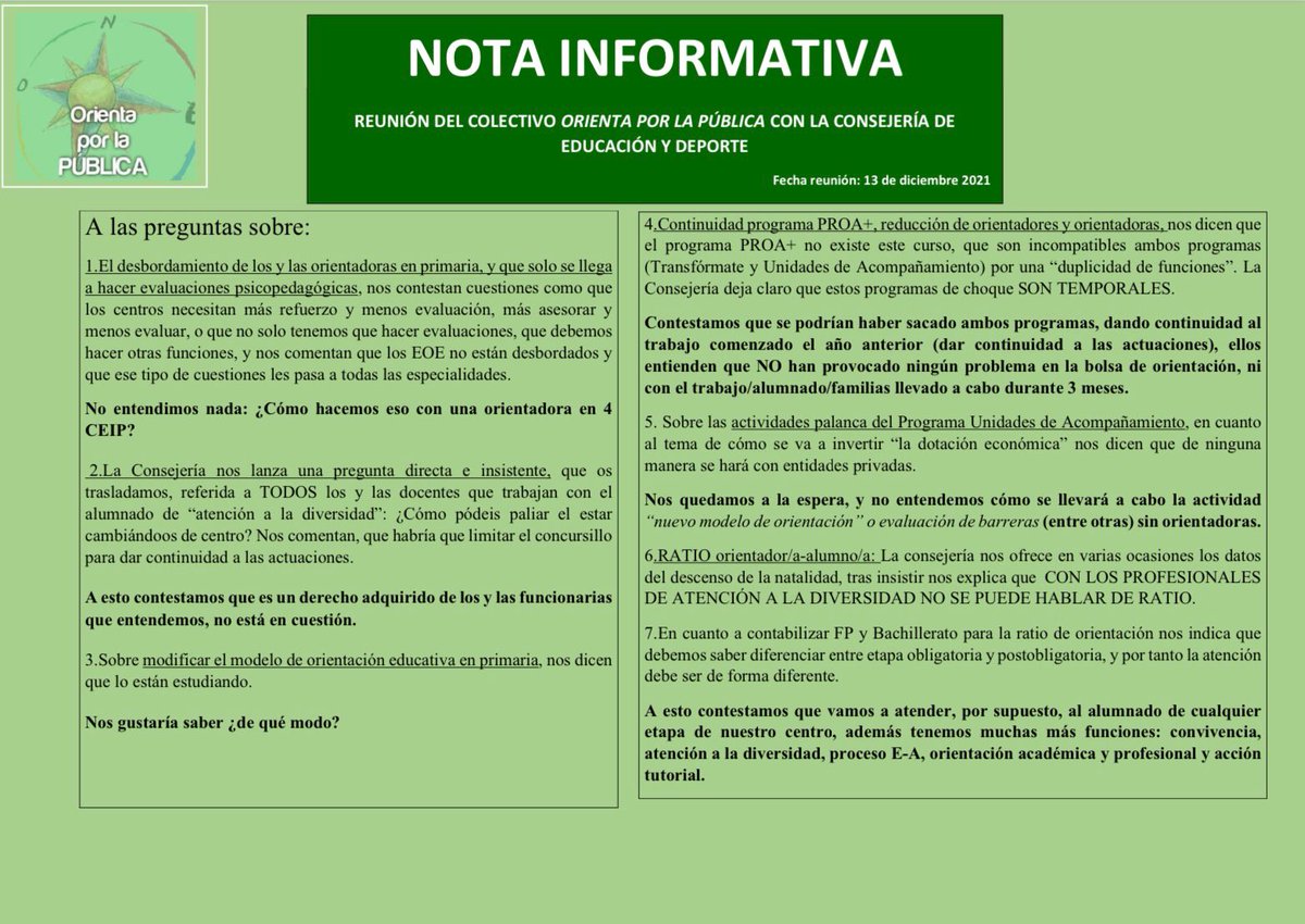 🔴ORIENTA POR LA PÚBLICA INFORMAMOS sobre la reunión mantenida con la <a href="/EducaAnd/">Consejería Desarrollo Educativo y FP</a> 

🆘Insistimos. Hay una solución y se llama BAJADA DE RATIO. 

✅1 por CEIP
✅1 cada 250 
✅Que Bachillerato y FP cuenten en las ratios. 
✅Faltan 320 Orientadores. No a la externalización.