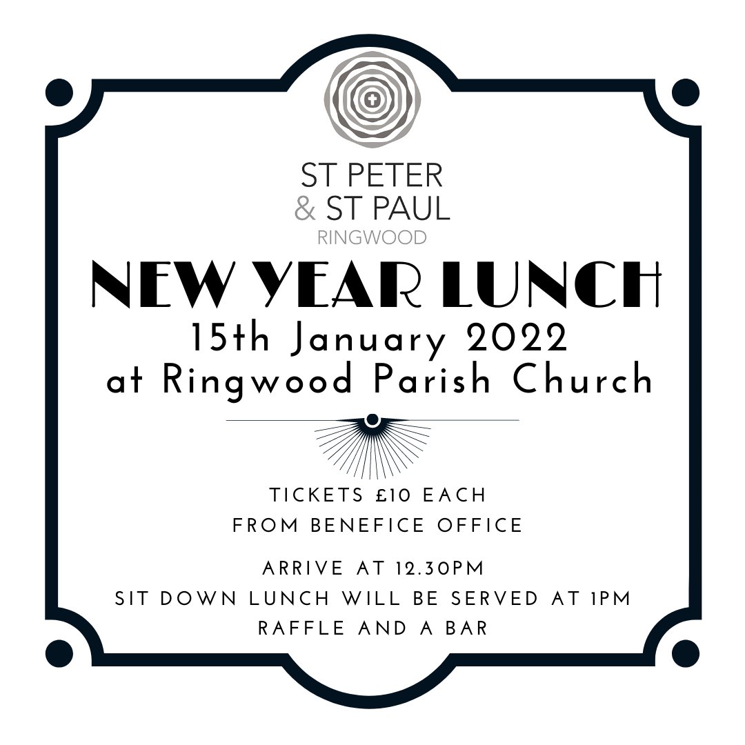 ringwoodcofe's tweet photo. Celebrate the New Year among friends with a sit down two course New Year lunch at Ringwood Parish Church. Tickets are being sold in advance from the Benefice Office &amp; members of the fundraising team and are priced at £10 each. There will also be a bar and raffle. https://t.co/JvMBhr81PC