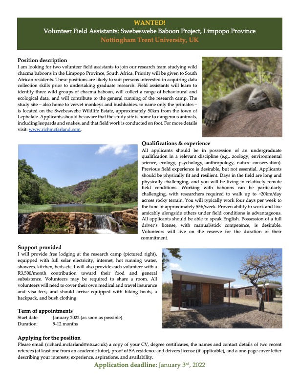 Baboon field researcher positions, including stipend and accommodation with Richard McFarland, richmcfarland.com In Limpopo, South Africa. Application deadline 3rd January. #primates #fieldresearch @PrimateSociety @IPS_PrimateNews @ASPvoice @AnimBehSociety @ZooEntUP