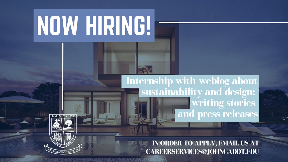 🔎💼 #Internship opportunity with weblog about sustainability and design
Do you want to know more? Email us at careerservices@johncabot.edu. 
**The position is reserved for JCU #students
#sustainability #design #weblog #careerdevelopment