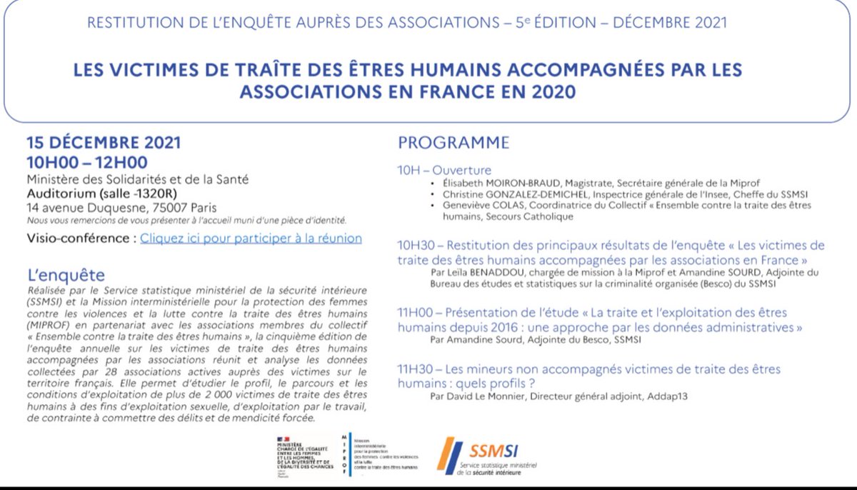 Dispositif_AcSe's tweet photo. Nombreux partenaires et la coordination du @Dispositif_AcSe ont assisté à la restitution de la 5e édition de l'enquête sur les victimes de #traitedesêtreshumains réalisée par la #MIPROF et le #SSMSI https://t.co/qxe3SkDNAu
