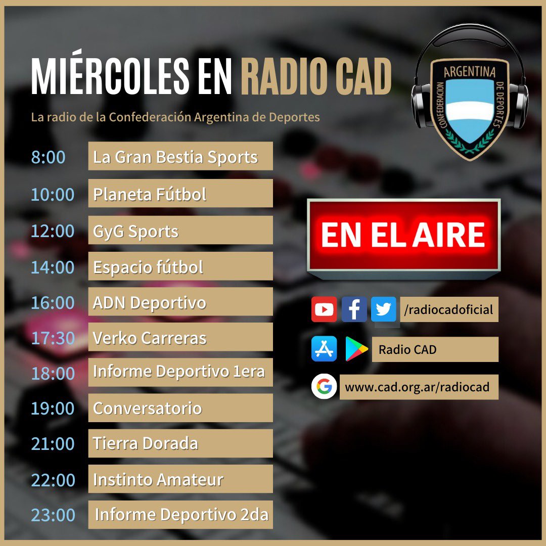 📻 Ya podes disfrutar del miércoles en la radio de la Confederación Argentina de Deportes 🇦🇷

📅 Hoy tenemos:

📌 <a href="/BestiaSports/">La Gran Bestia Sports</a>
📌 <a href="/PlanetaFutbolOK/">Planeta Fútbol</a>
📌 <a href="/GyDeportes/">GyGDeportes</a>
📌 @EspacioFutbolOk
📌 <a href="/ADNDeportivo21/">ADN Deportivo (en 🏠)</a>
📌 #Conversatorio
📌 <a href="/TierraDoradaCAD/">Tierra Dorada</a>
📌 <a href="/instintoamateur/">Instinto Amateur</a>