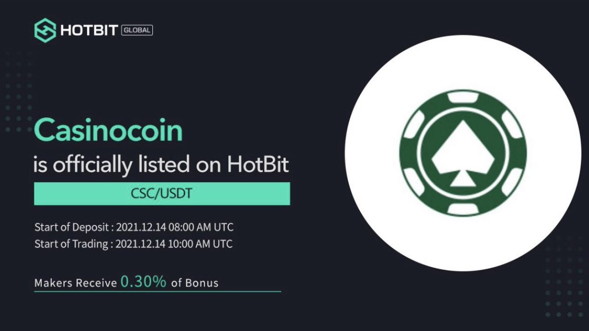 wiliam_sean's tweet photo. @CasinoCoin is now trading on @Hotbit_news ⏰The deposit function of CSC has been postponed to 2021.12.15  08:00 AM UTC
⏰The trading function of CSC has been postponed to 2021.12.15  10:00 AM UTC
⏰The withdrawal function of CSC has been postponed to 2021.12.15  10:00 AM UTC https://t.co/BOF5FNWaKv
