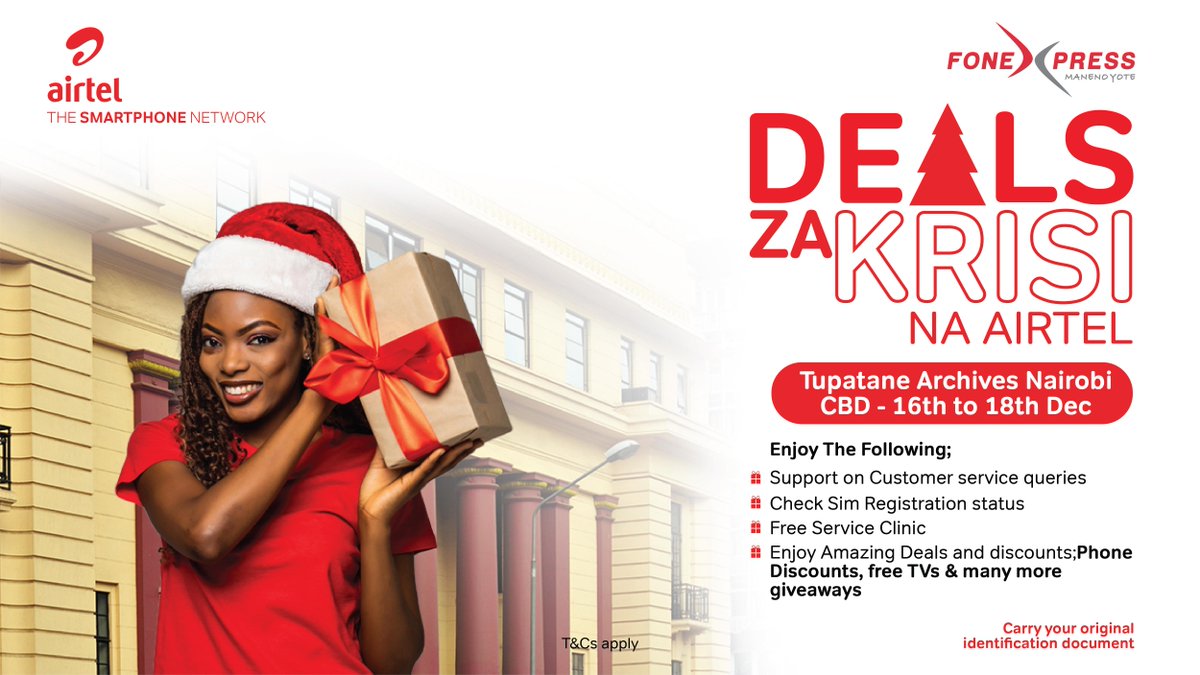 AIRTEL_KE's tweet photo. Have you heard of Deals za Krisi na Airtel!? Unangoja nini? Usibaki nyuma! Visit us at Archives, Moi Avenue, CBD 16th to 18th December. Carry your original identification document and explore the amazing deals and discounts on different items and services. https://t.co/ZslKIErQ74
