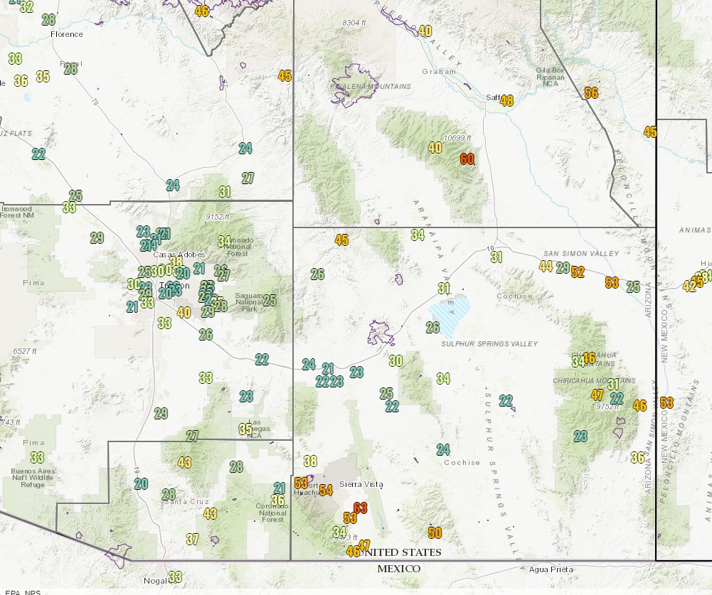 NWSTucson's tweet image. Here is a visual representation of the strongest wind gusts over the past 12 hours. 

With the winds out of the southwest overnight, the strongest winds were observed on the downslope or northeast side of the terrain. #Huachuca #SierraVista #Cochise #azwx