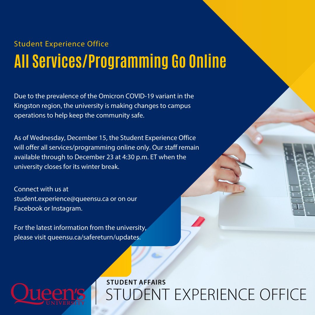 As of Wednesday, Dec 15, the Student Experience Office will offer all services/programming online only. Our staff remain available through to Dec 23 at 4:30 p.m. ET when the university closes for its winter break.

We wish you a safe and restful holiday break!
