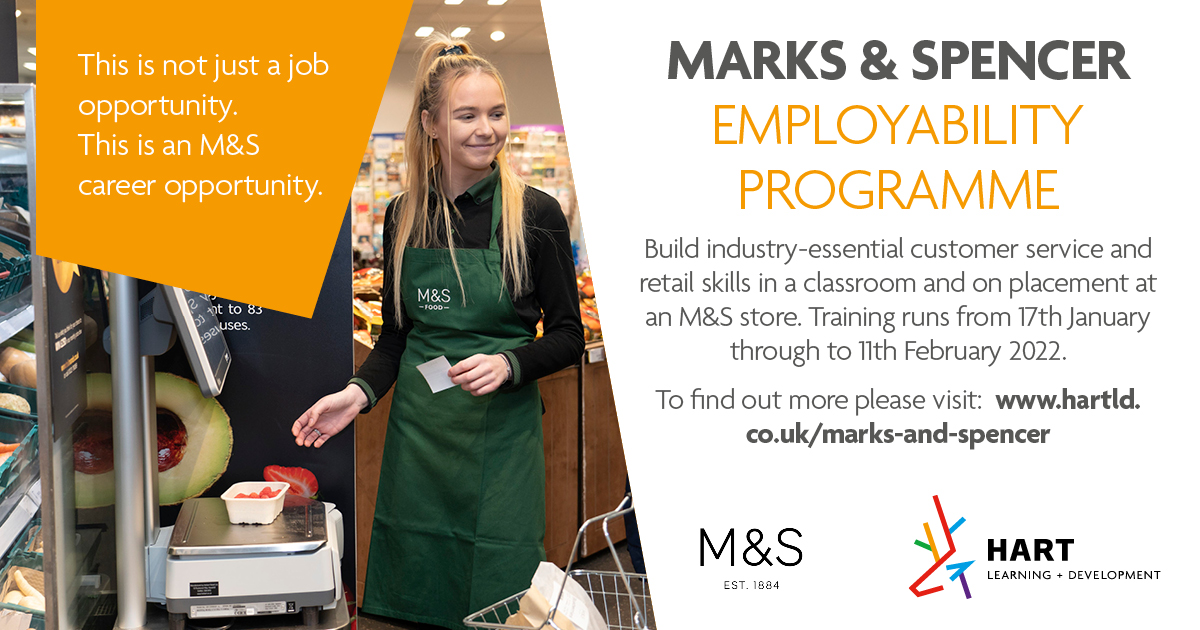 N_HertsCollege's tweet photo. ✨This isn't just a job opportunity... this is an M&amp;S job opportunity ✨

Take part in @hart_ld's new employability scheme for a chance to join the 'store of the future' when it opens in April 2022.

Find out more: https://t.co/X5QlPFxIjr https://t.co/nYKbz3WQRU