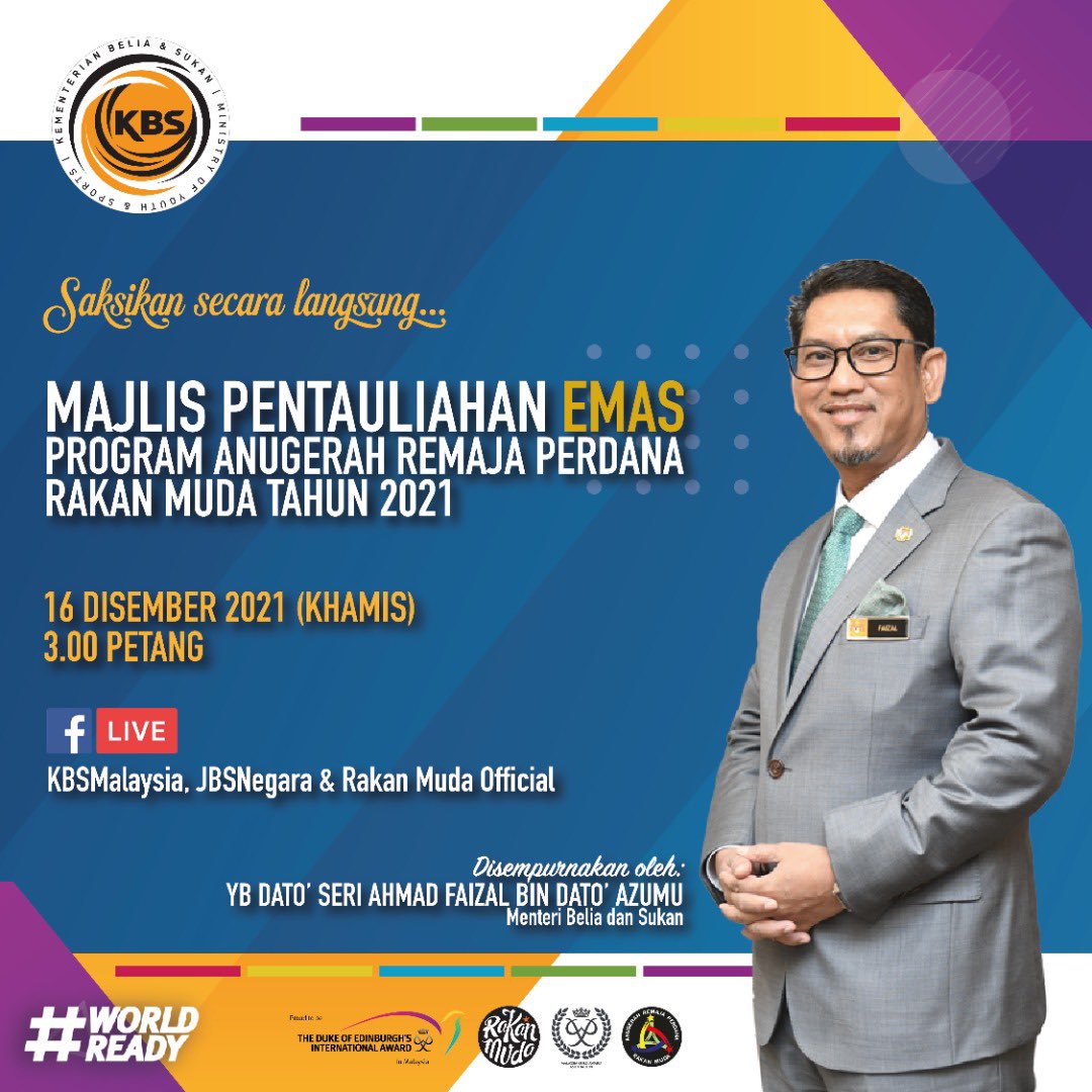 rakanmudaLAH's tweet photo. Sebagai satu pengiktirafan, Majlis Pentauliahan Emas ARPRM kini kembali lagi bagi tahun 2021.
Majlis tersebut akan turut disiarkan secara langsung di FB KBSMalaysia, JBSNegara & Rakan Muda Official.
Jom sama-sama saksikan esok.
#arprm
#worldready
#RakanMuda https://t.co/WNrqEcsm8a