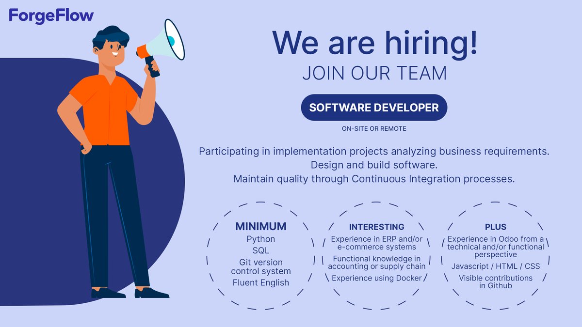 Hiring alert!🧑‍💻 We are looking for your talent. If you are a Software Developer take the opportunity to join our team. 
Send your resume here: bit.ly/3EXi5Xk 
#HiringAlert #hiring #Software #Softwaredeveloper #ERP #Python #Odoo #HTML #Javascript #CSS #SupplyChain