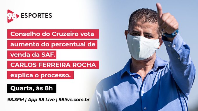 #98Esportes | O @_carlosCEC, ex-membro do Conselho Gestor do @Cruzeiro, está ao vivo conosco. Sintonize no 98.3FM ou 98live.com.br. 📻📺📱 Ele vai detalhar a votação da próxima sexta-feira, no @Cruzeiro, para o aumento do percentual de venda da SAF.