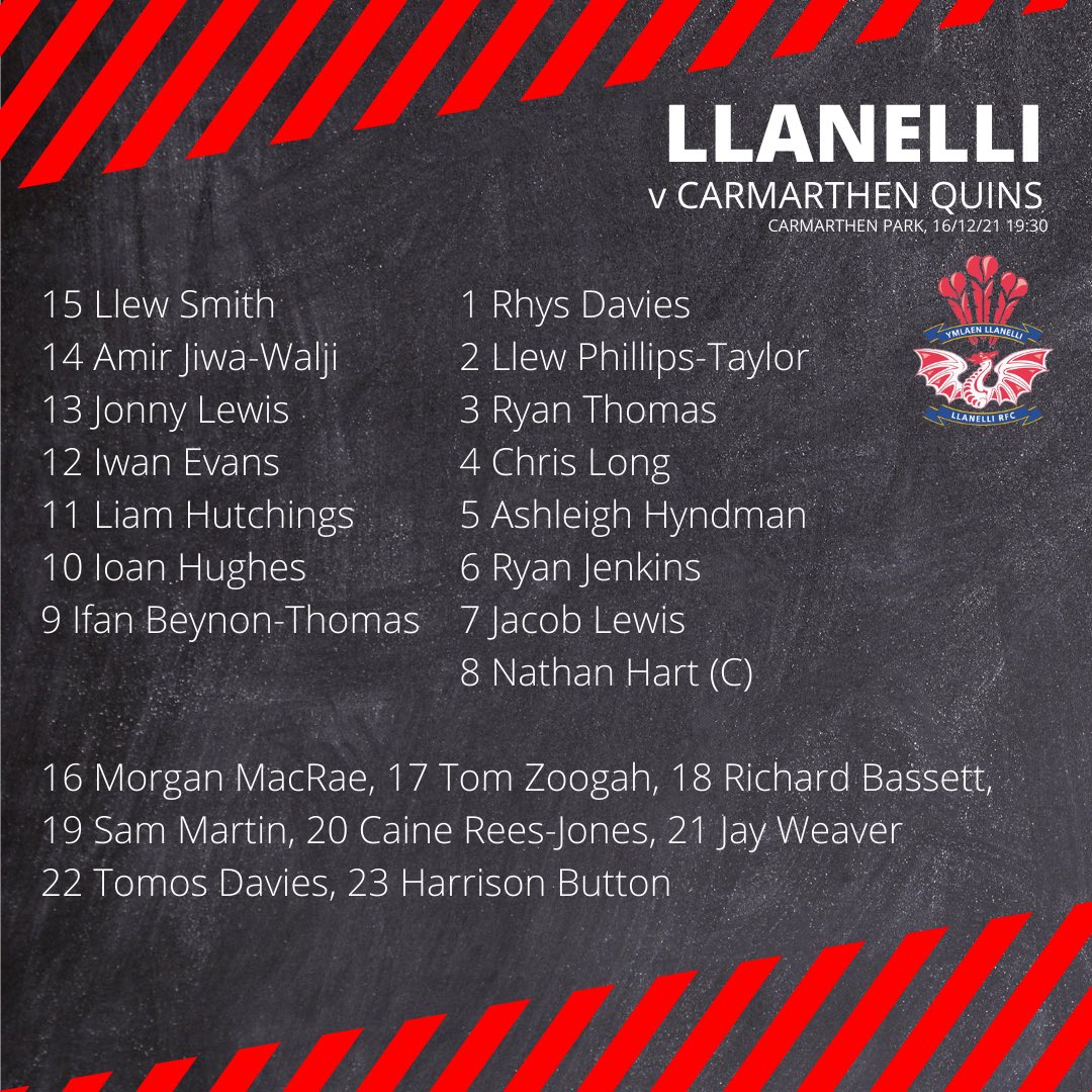 TEAM NEWS 📢

Here’s your Llanelli team to take on <a href="/CarmQuinsRFC/">Carmarthen Quins RFC</a> in Thursday nights @IndigoGroupPrem clash! 🔢

Tomorrow’s match will be broadcasted live on the <a href="/S4C/">S4C 🏴󠁧󠁢󠁷󠁬󠁳󠁿</a> website! 📺