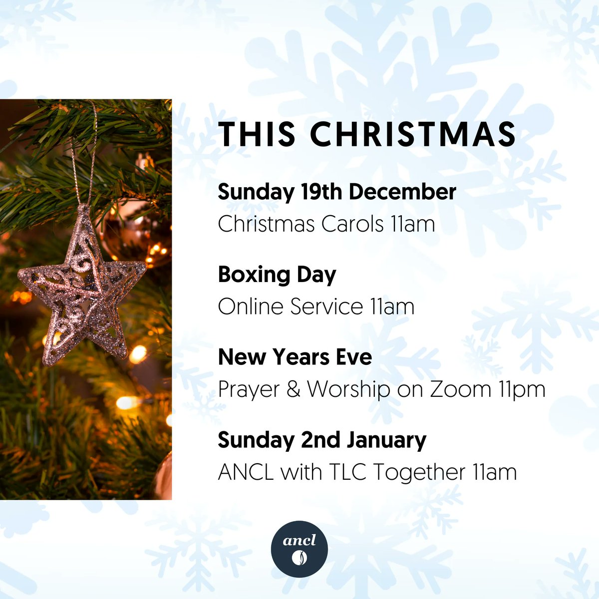 ANCLeics's tweet photo. Join us this Christmas as we celebrate God's gift to humanity.

SUNDAY 19TH DECEMBER, 11am
Christmas carols

BOXING DAY, 11AM
Online Service on YouTube

NEW YEARS EVE, 11PM
Bring in 2022 with Prayer &amp; Worship over Zoom

SUNDAY 2ND JANUARY, 11AM
ANCL with TLC Together https://t.co/sOxZNesGhN