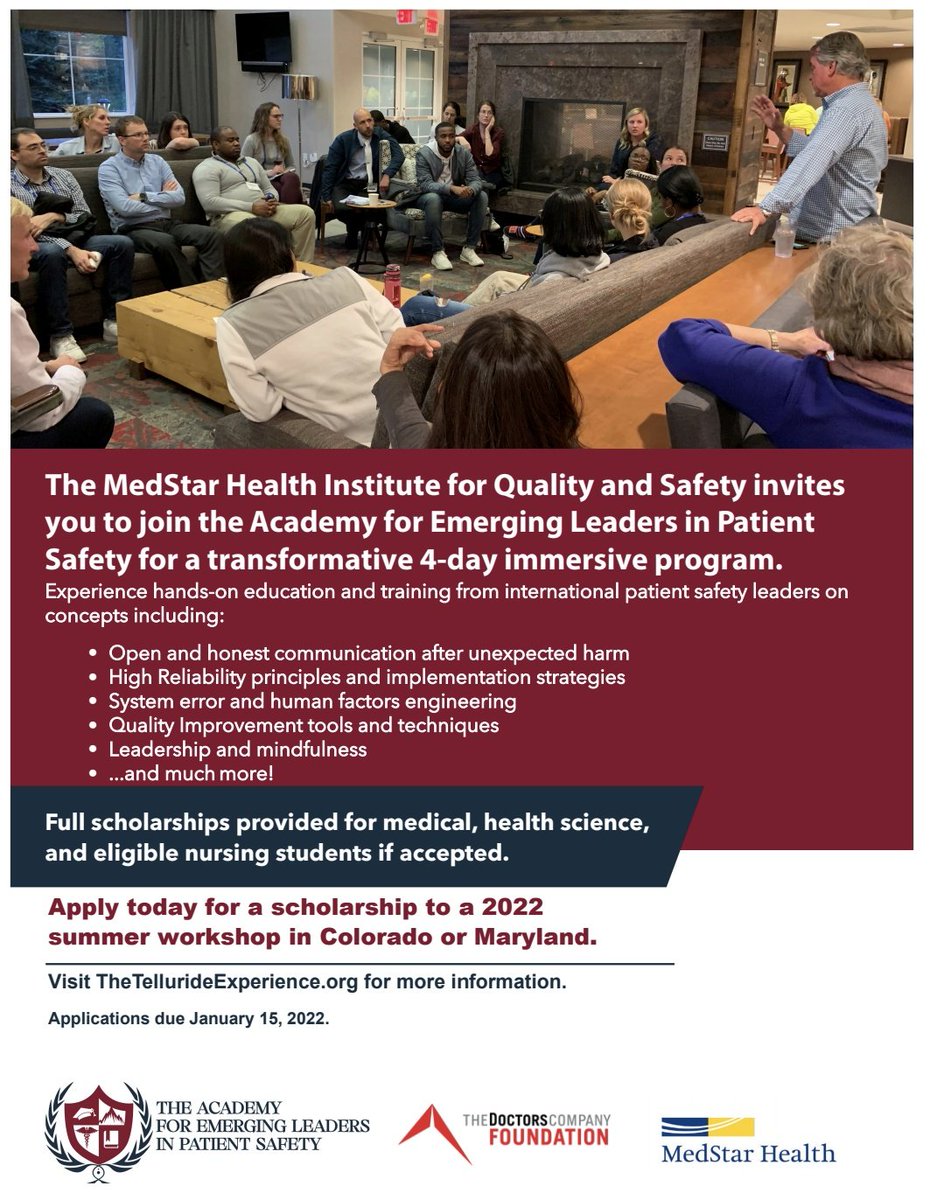 ICGRx 🌍 (@icgrx) on Twitter photo Full scholarships provided for eligible nursing, medical and allied health science students.
Join the Academy for Emerging Leaders in Patient Safety for a transformative 4-day immersive program <a href="/AELPSofficial/">The Academy for Emerging Leaders in Patient Safety</a> in 2022 💡
Visit TheTellurideExperience.org to apply! <a href="/WalkForPtSafety/">David Mayer MD</a> Full scholarships provided for eligible nursing, medical and allied health science students.
Join the Academy for Emerging Leaders in Patient Safety for a transformative 4-day immersive program <a href="/AELPSofficial/">The Academy for Emerging Leaders in Patient Safety</a> in 2022 💡
Visit TheTellurideExperience.org to apply! <a href="/WalkForPtSafety/">David Mayer MD</a>
