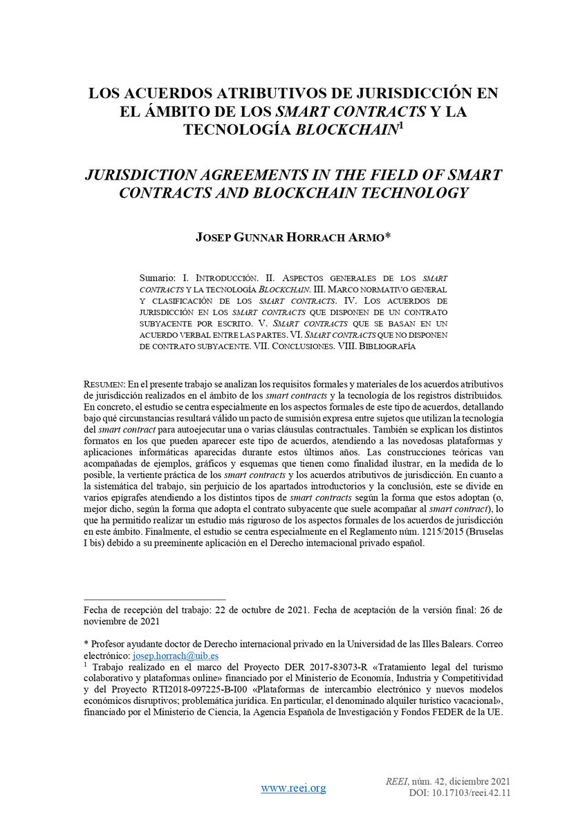 Nueva publicación del profesor <a href="/Josep_DIPr/">Josep Horrach Armo</a> sobre los acuerdos de jurisdicción en el marco de los smart contracts y la tecnología Blockchain. reei.org/index.php/revi…