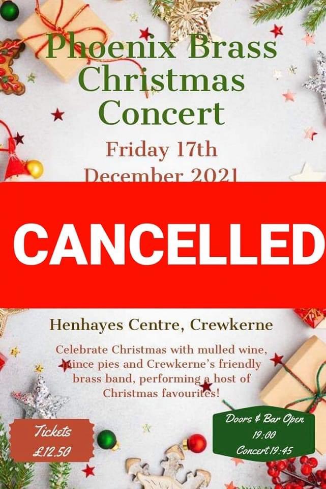 PhoenixBrass's tweet photo. CHRISTMAS CONCERT | It is with deep sadness that the band have to announce that unfortunately our Christmas concert at Henhayes Community has been cancelled. 

We would like to offer our apologies to all that were due to attend and wish everyone a very Merry Christmas. https://t.co/4ZVp0iOFDh