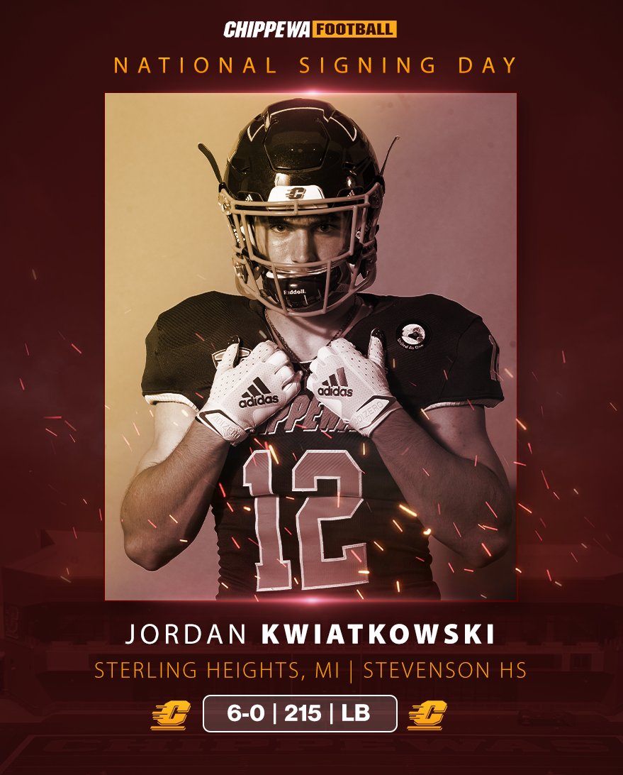 CMU_Football's tweet photo. 🚨🆂🅸🅶🅽🅴🅳🚨

Welcome to  the CMU Football Family Jordan, we can't wait to see you in Maroon &amp; Gold.

#FireUpChips 🔥⬆️ 🏈 | @_Kwiatkowski_J https://t.co/TR2qYNKZ69
