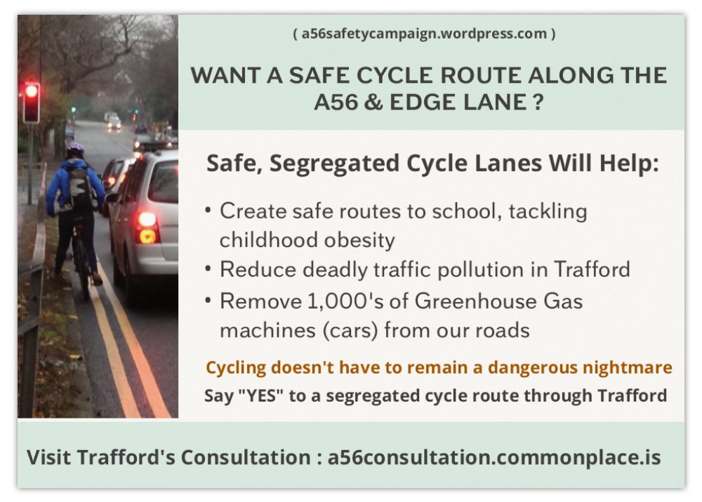 <a href="/HaleVelo/">Hale Velo</a> Trafford's consultation - a56consultation.commonplace.is  Help get safe 🚲lanes on A56 : Pls sign &amp; ReTweet thks.