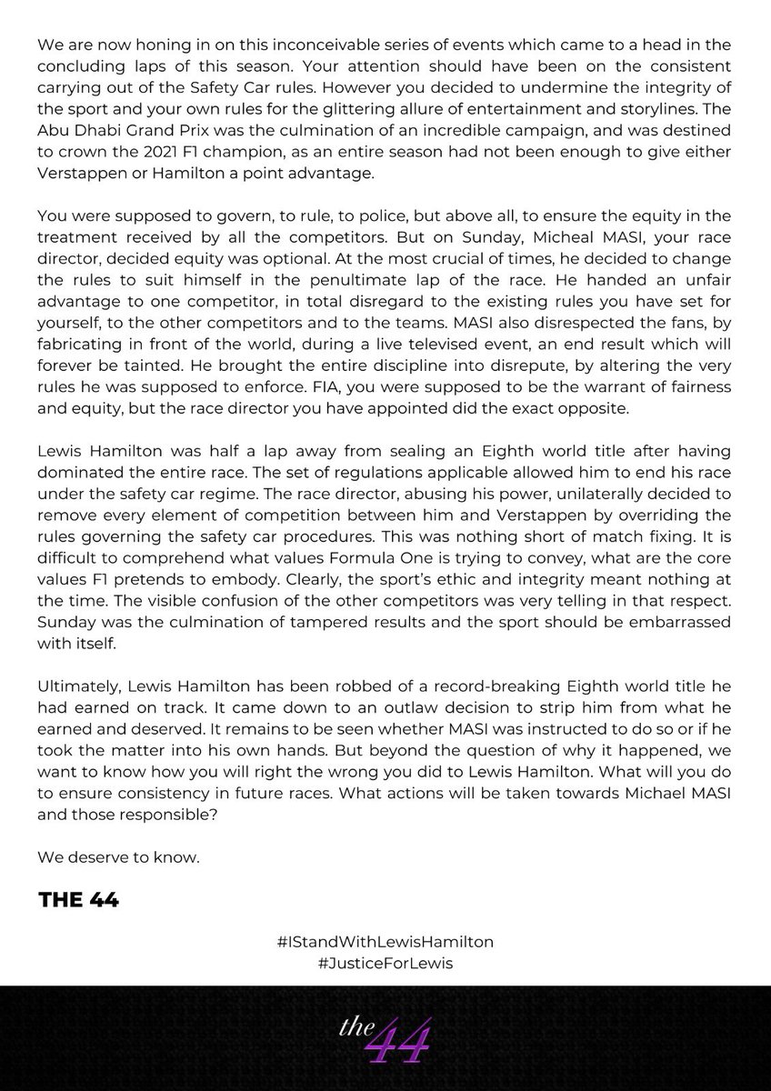 _the44's tweet image. The 12th of December an @fia official singlehandedly decided to steal from Lewis Hamilton an earned 8th c’ship by overriding @f1 sporting code. Answers are needed as in how will they restore Lewis Hamilton in his rights!

#IStandWithLewisHamilton
#JusticeForLewis
#F1xed #MasiOUT