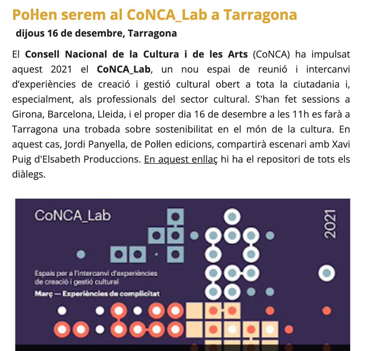 pol_lenedicions's tweet photo. ACTIVITAT Demà en @jordipanye @pol_lenedicions 
@ecoedicio_cat serà al #CONCALAB 
@CoNCACultura !! Experiències de complicitat #Ecoedicio #LlibreLocal 
https://t.co/rWUw7SZbZa https://t.co/i16pQMQ57F