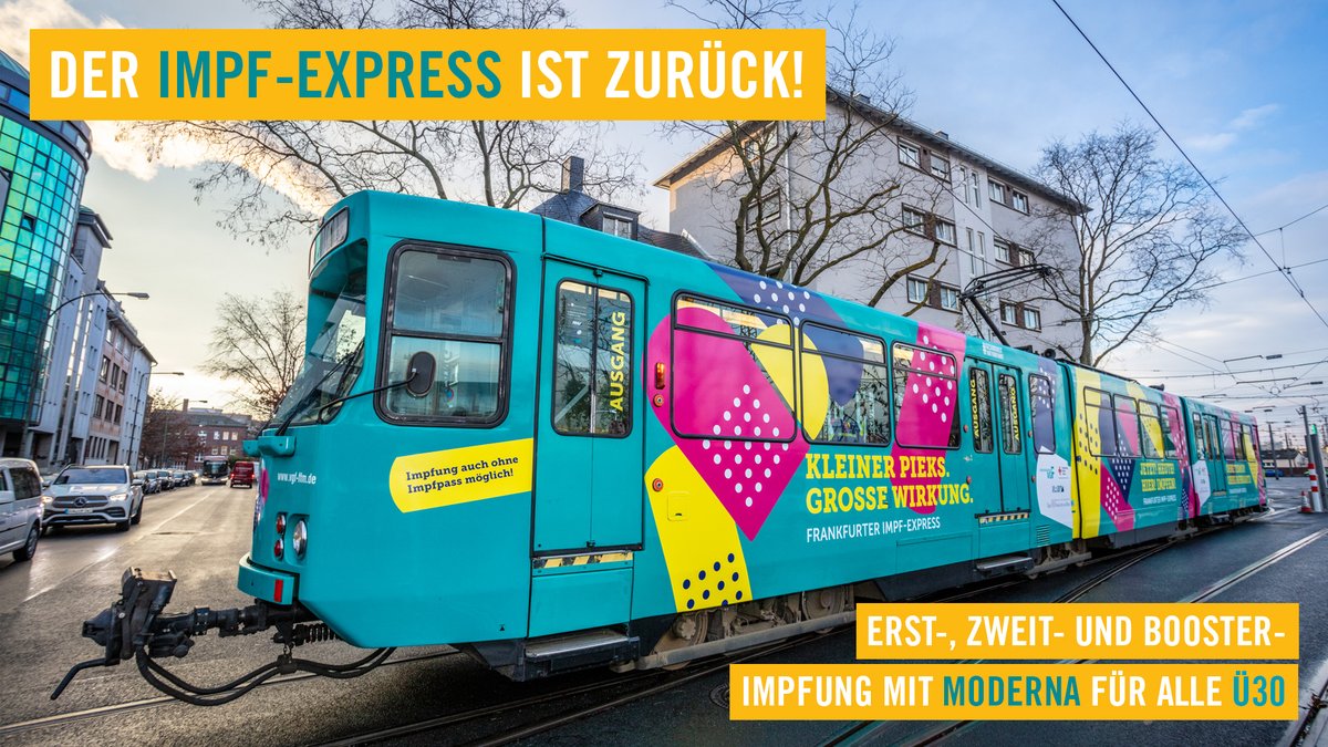 vgf_ffm's tweet photo. Ab Donnerstag ist unser Impf-Express wieder da! 🥳
Diesmal stehen wir an festen Standorten im Liniennetz und die Kolleg:innen vom @DRKFrankfurt impfen alle ab 30 Jahren. (Impfstoff: Moderna) 💉
Alle Infos, Termine und Standorte: https://t.co/Z64NoZD8Bt https://t.co/bsj5NQ2o4B