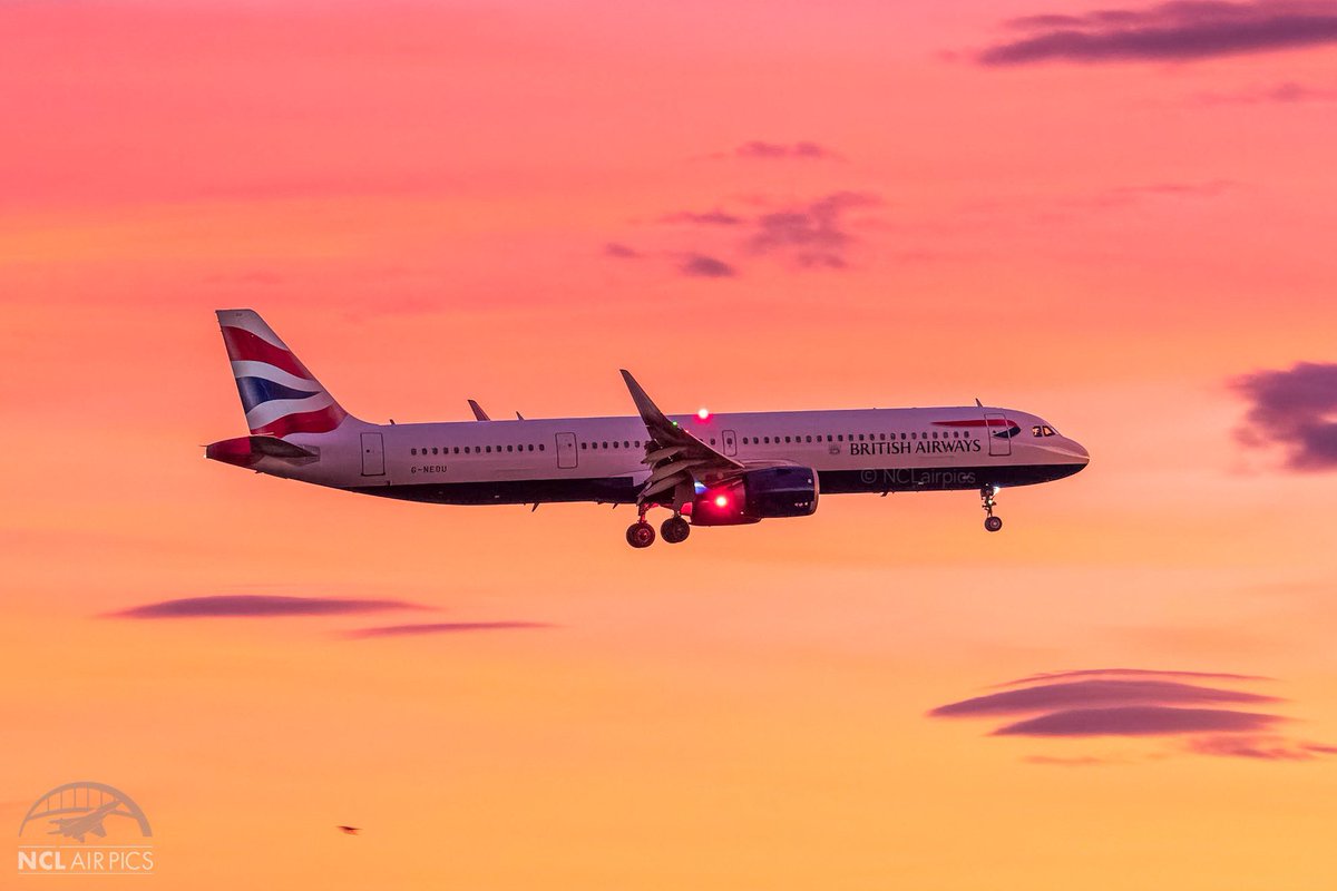 NCLairpics's tweet photo. A few shots of the @British_Airways @AirbusintheUK A321neo G-NEOU on final approach to @NCLairport with the beautiful afternoon sunset creating a breathtaking range of magenta, orange and pink tones for the backdrop. #Aviation #Sunset #Weather #Newcastle https://t.co/p1ScMCDOzG