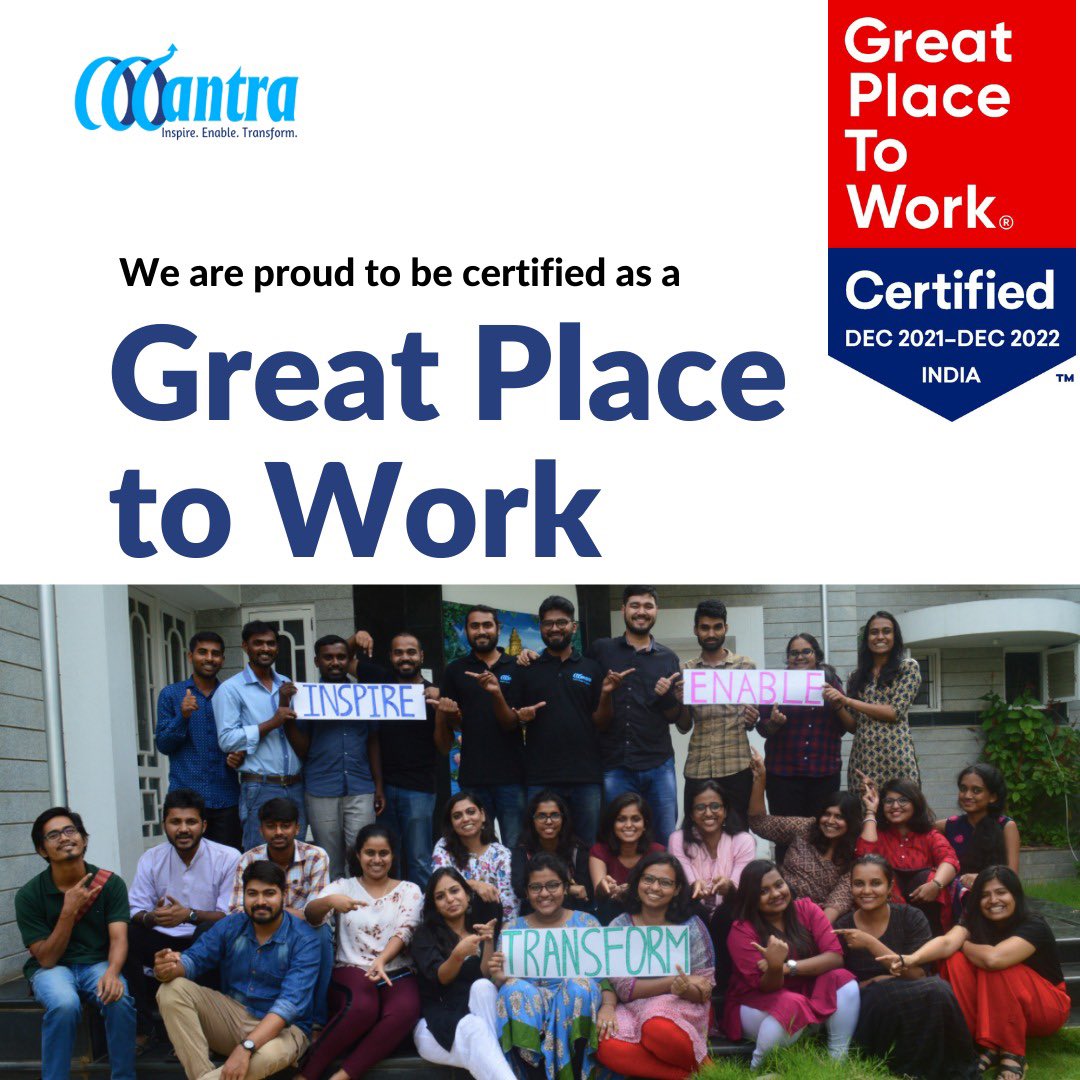 mantra4change's tweet photo. We inspire. We enable. We transform. We are #Mantra4Change and our's is a Great Place to Work! We are proud to receive this certification from #GreatPlacetoWorkIndia enabling a culture driven by our people, their aspirations, innovations, and ownership every step of the way! https://t.co/KW7zq5Cx4L
