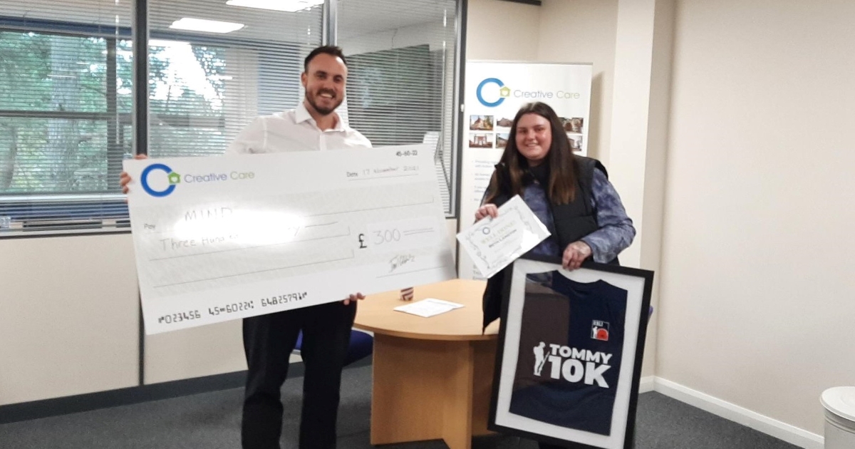 Creative__Care's tweet photo. Beth walked 100 miles in October raising an amazing £1000 for MIND. She is accepting a cheque from Simon our Ops Manager for part of her amazing total. Well done Beth. 👏😍🚶‍♀️

If you would like to work for us please visit https://t.co/0DHv7pGcnw for an application form. https://t.co/9gOj5cTXSn