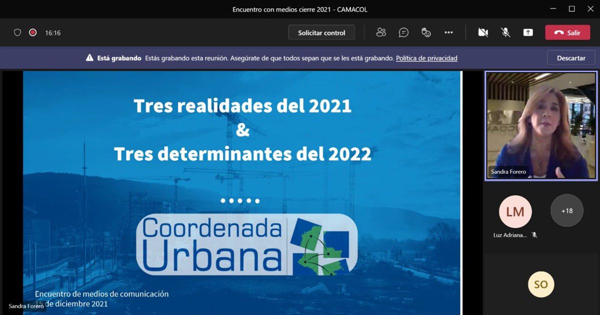 #AEstaHora la presidenta de <a href="/CamacolColombia/">Camacol Colombia</a>, <a href="/SandraForeroR1/">Sandra Forero R.</a>, se reúne con periodistas para presentar las principales cifras de cierre de año en materia de inversión de vivienda, las regiones del país que se valorizan más, y los retos para el sector en el 2022
#CoordenadaUrbana