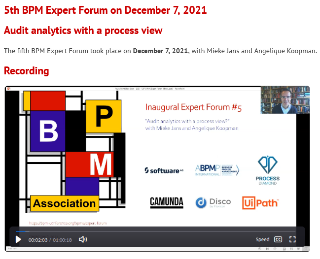 BPM_Association's tweet photo. Check it out! The video recording of the 5th BPM Expert Forum, "Audit analytics with a process view", with @MiekeJans and Angelique Koopman is online:

https://t.co/LmLsaoQhHU

You can also find answers to the questions that were raised during the online session. https://t.co/iz7y4RYDSq