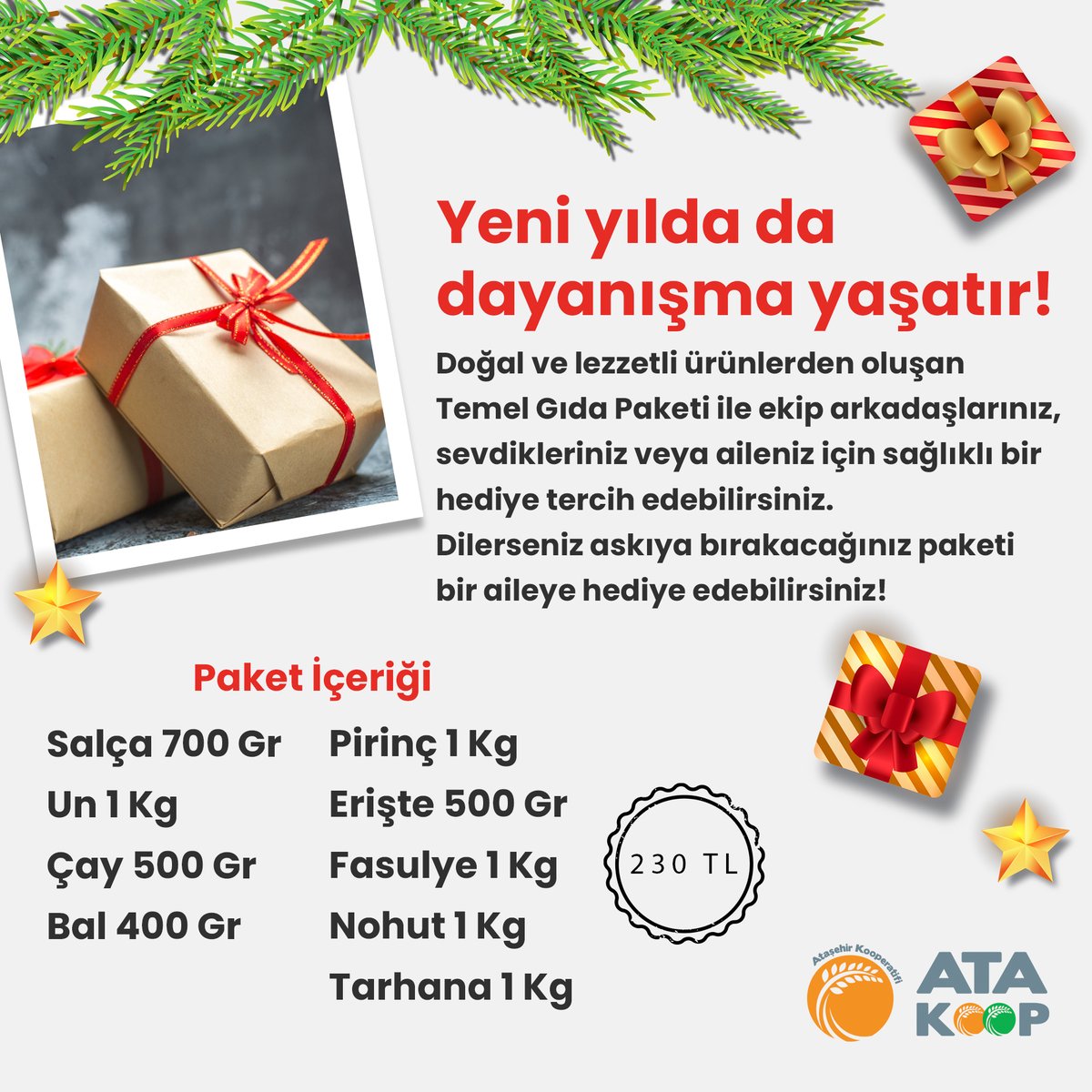 atakoop's tweet image. Yılbaşı yaklaşırken dayanışma kolilerimizi hazırladık. 
Çevrenize, sevdiklerinize, iş arkadaşlarınıza hediye almak veya askıya dayanışma paketi bırakmak isterseniz bizimle iletişime geçebilirsiniz🌈🎁

İletişim no: 0555 517 44 85 / 0555 528 73 86