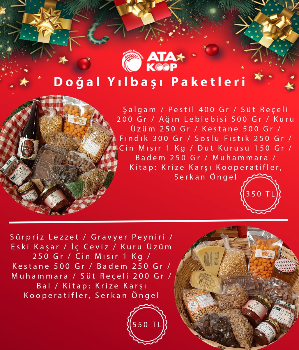 atakoop's tweet image. Doğal ve lezzetli bir yılbaşı akşamı mümkün🎄

Yeni yıl kutlamanıza renk katacak paketlerimizi sizin için hazırladık☃️

📢Sipariş için iletişim: 0555 517 44 85 / 0555 528 73 86