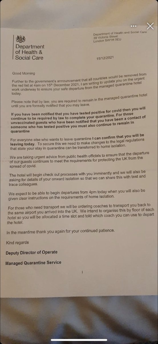 For those who haven’t had any communication from their quarantine hotel, I’ve been sent this photo..so presumably we will be able to leave today 🤷‍♀️#quarantinehotel #redlist #RedList #redlistchaos #hotelquarantine