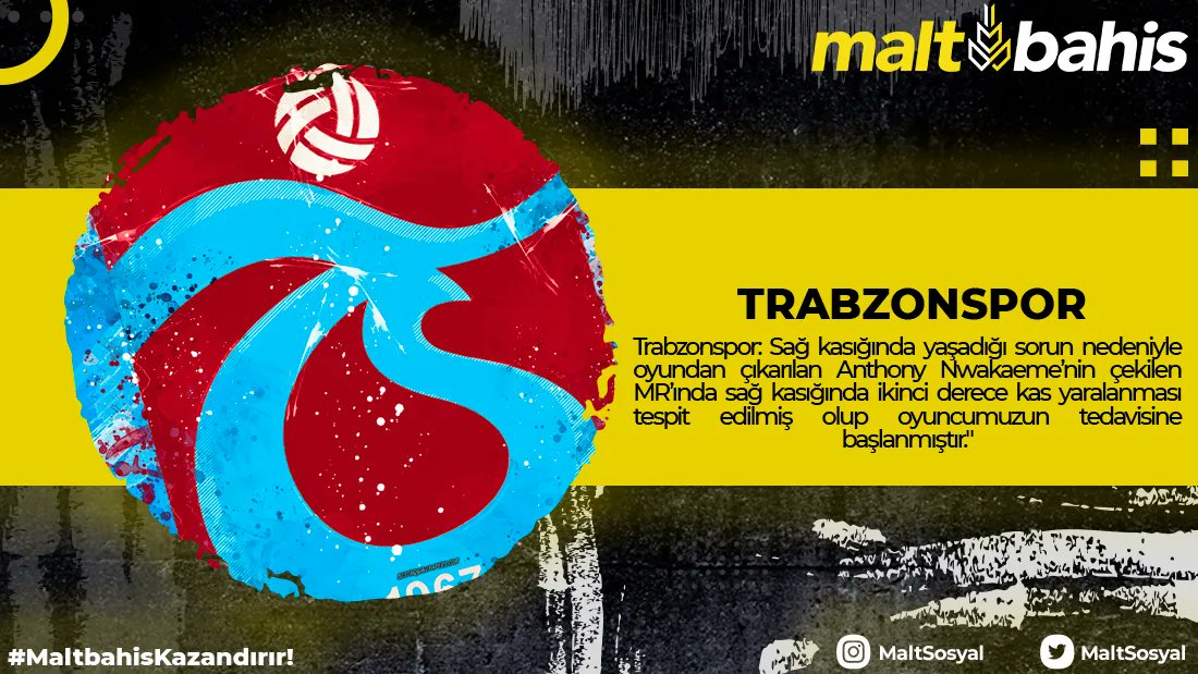 ⚽ Trabzonspor: Sağ kasığında yaşadığı sorun nedeniyle oyundan çıkarılan Anthony Nwakaeme’nin çekilen MR’ında sağ kasığında ikinci derece kas yaralanması tespit edilmiş olup oyuncumuzun tedavisine başlanmıştır."

 #maltbahis #yuksekoranlar #eniyioranlar #canlibahisoyna
