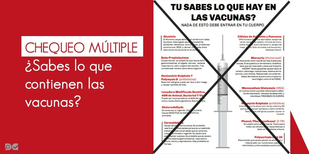 Por diversos motivos, las vacunas pueden contener elementos químicos en cantidades muy bajas, las cuales no representan un peligro para la salud de las personas. El chequeo en detalle de este afiche lo encuentras acá: buff.ly/3DInvEG