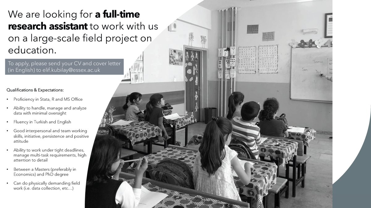 🚨RA/Predoc Opportunity (Paid): We (<a href="/sulealan_econ/">Sule Alan</a> <a href="/elifkubilay/">Elif Kubilay</a> <a href="/MumcuIpek/">Ipek Mumcu</a> and me) are urgently looking for TWO full-time RA to work with us in our RCT's in Education. Native Turkish speakers who want to join our team, apply by December 31st! Please RT! #EconTwitter