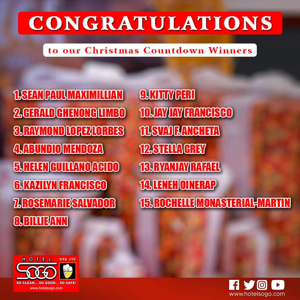 HotelSogo's tweet photo. Congratulations to our 15 winners of Hotel Sogo 6 Hours Gift Certificate!
Our representative will be in touch to let you know how and when you can claim your prize. We want to thank all the participants.
#HotelSogo
#DahilMahalKitaGustoKoSaSogoKa
#15DaysOfGiving https://t.co/IZK2pfD7kR