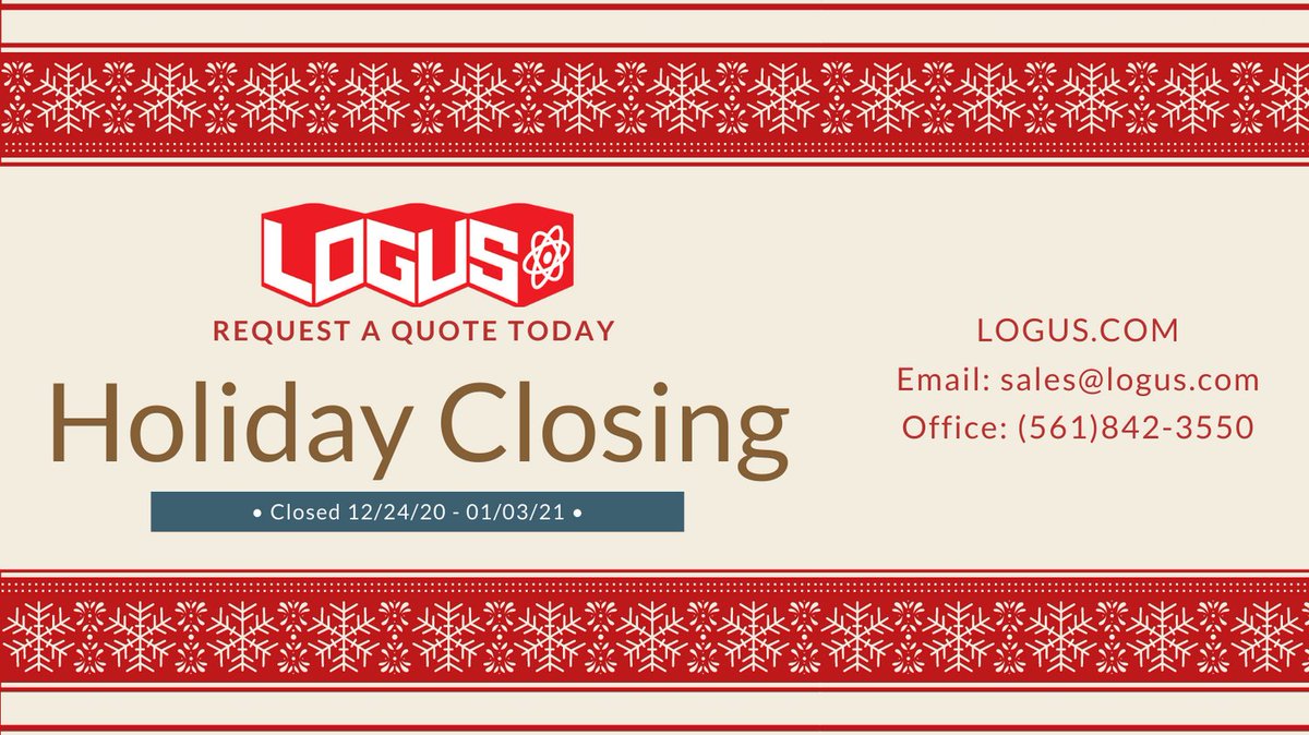 logus_microwave's tweet photo. It's that time of year, Logus will be closed December 24th to January 3rd. 
Get your orders in!
 
SALES@LOGUS.COM | (561) 842 - 3550
Feel free to send an email/call and we will contact you upon return. 

Happy Holidays! https://t.co/F2eZN2B5ym